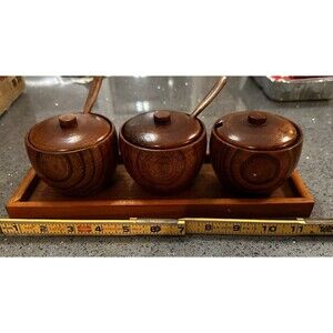 Teak Set Of Three Solid Wood Spice Jar Sugar Bowls Seasoning Box Midcentury MCM